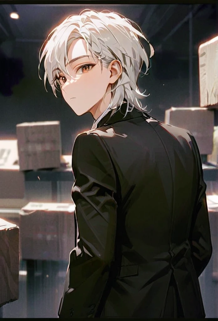 Half body portrait of a young man ,Smoky white Two Block , white hair, brown eyes, wears an all black suit. Stand and look back. Look back. Half-body image. Look back. ยืนท่ามกลางความวุ่นวาย