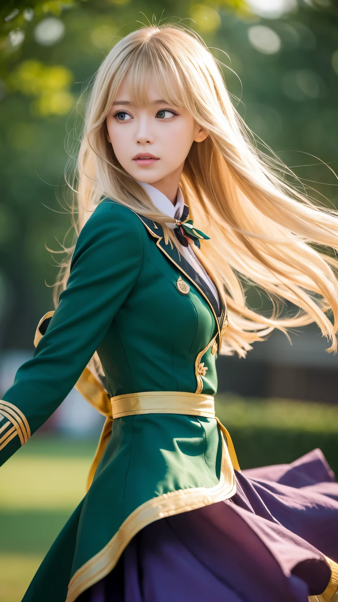 (Dynamic Angle:1.3),Extreme close up,the wind is strong,映画ofハイライト,1人of女of子,Upper Body,dancing,View your viewers, violet_Evergarden, alone, jewelry, blank eye,brooch, blonde_hair,( vevry long hair:1.2),floating hairlong_sleeve, ribbon, green_eye, Jacket, dress, gem, hair_ribbon,null, depth_of_Field, a close view of flying petal,