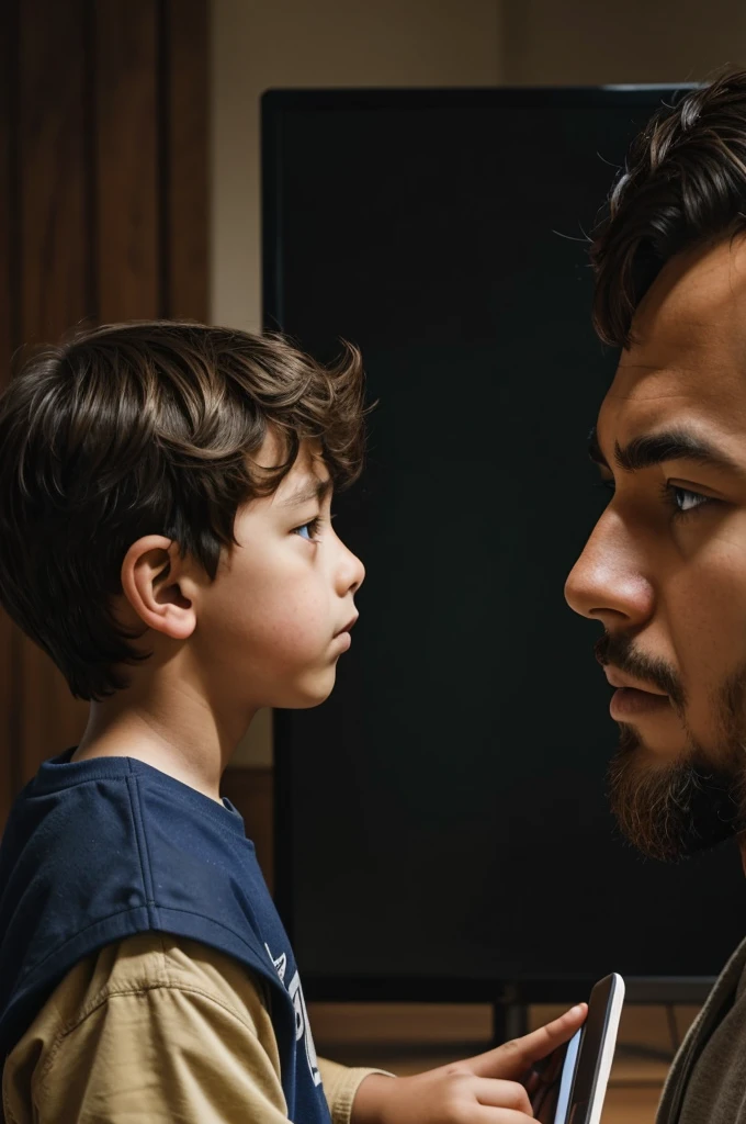 Give me a picture of gods  facing a boy looking at them but the boy is facing backwards to the screen and make sure that the gods face is kind of blurry