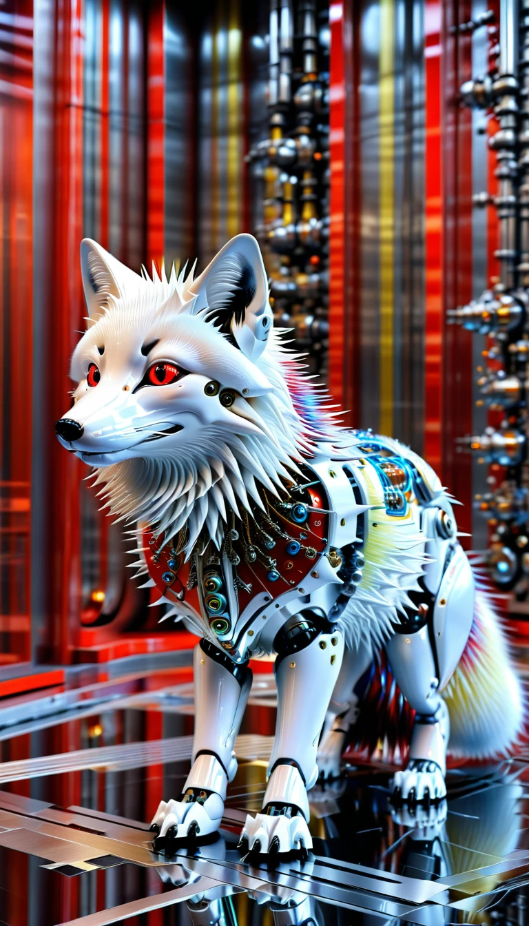 There is no one, Reality Photos, Reality Photos, Realistic photos of creatures like arctic foxes, spikes, multi-colored shiny fur, strange and, Surreal and, the other world, A robotic factory with a shiny assembly plant, intricate details, very sharp, Sophisticated details, Flawless composition, vivid colors, masterpiece, futuristic, metal decoration, The shiny red interior is empty., polished, ray tracing