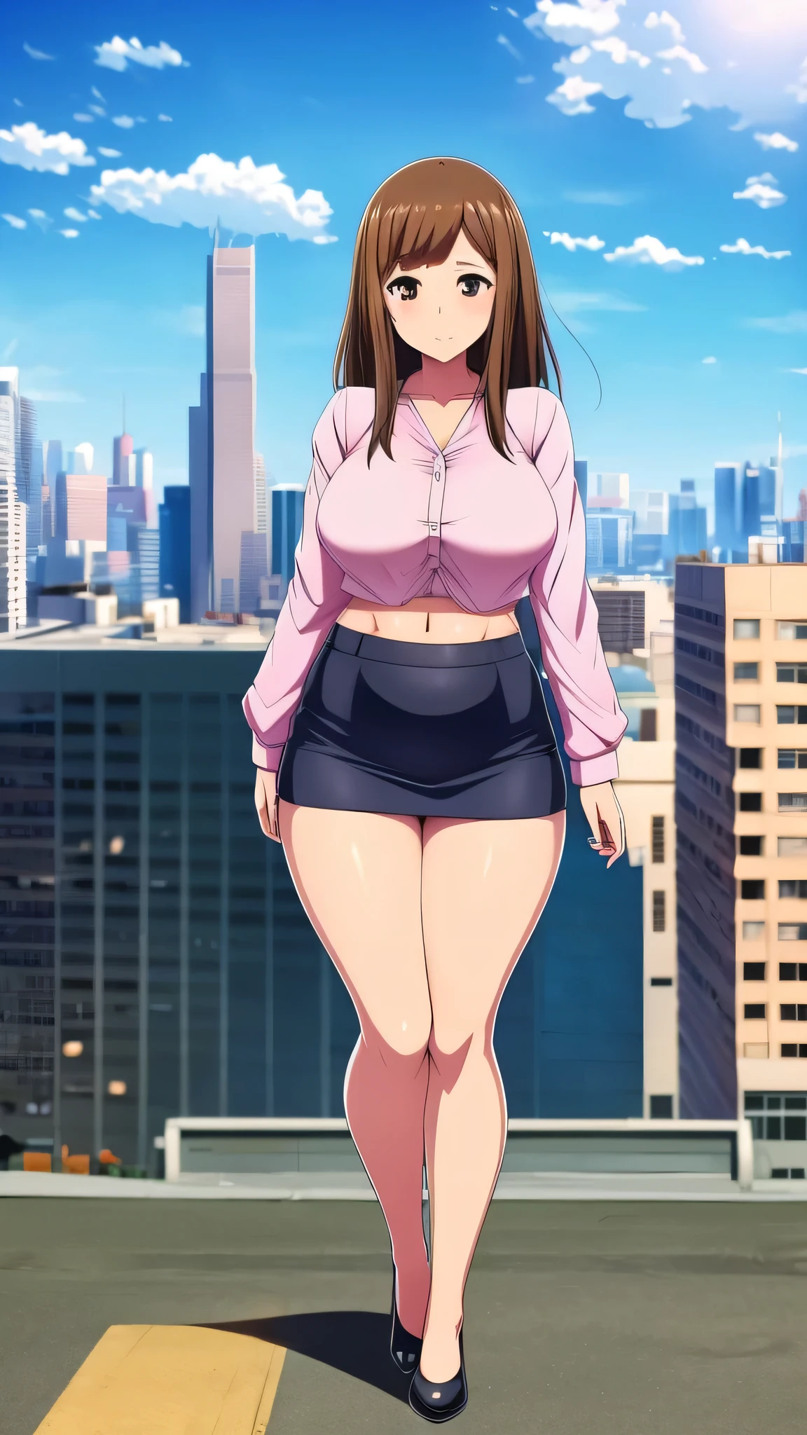 In anime, a girl with light skin, sexy, cute, leaders, long brown hair, her brown eye, wears a pink button-down blouse, shows her navel, and a short blue skirt, black shoe, she travels, flying, sky background, city.