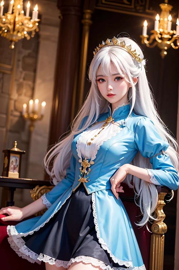 ((masterpiece:1.5,Highest quality,Highly detailed images,Beautiful images、Realistic、Photorealistic、2.5D))(1girl, 独奏)(Adult women、medium breasts, white hair, black eyes, Healthy legs、Tight ass、Beautiful cleavage)(Fantasy dresses、Fantasy Clothes、Black battle dress、Deep slit)(wind, floating hair)(Inside the castle、The King's Chamber）
