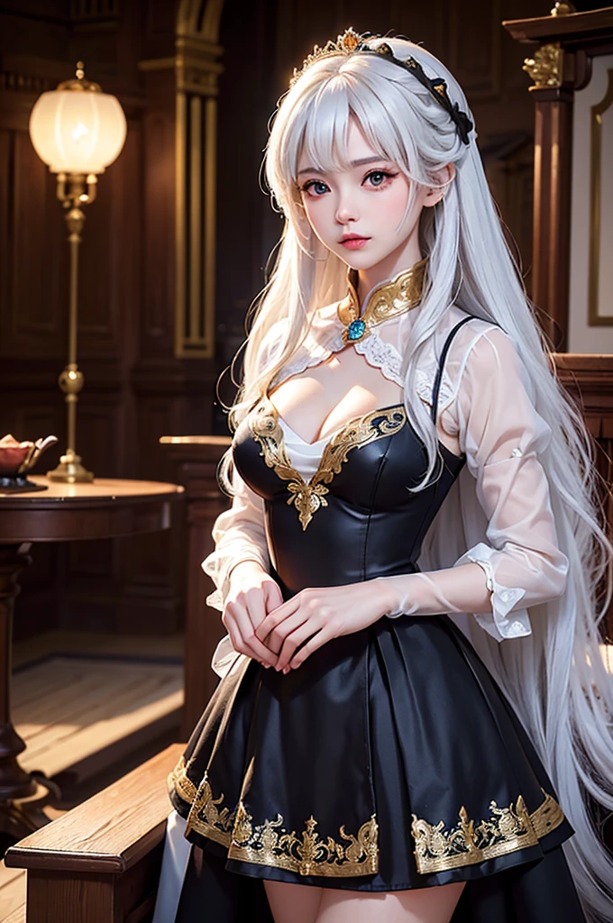 ((masterpiece:1.5,Highest quality,Highly detailed images,Beautiful images、Realistic、Photorealistic、2.5D))(1girl, 独奏)(Adult women、medium breasts, white hair, black eyes, Healthy legs、Tight ass、Beautiful cleavage)(Fantasy dresses、Fantasy Clothes、Black battle dress、Deep slit)(wind, floating hair)(Inside the castle、The King's Chamber)