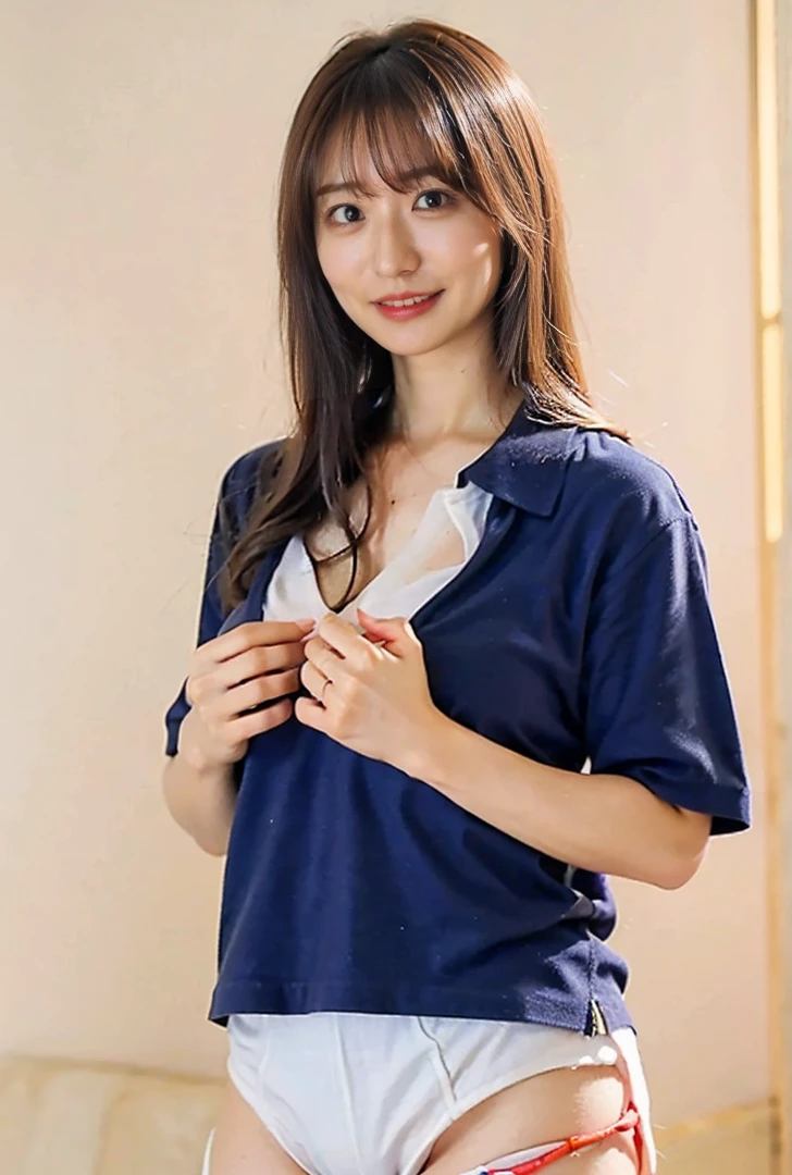 ((A photo of her panties showing through a short polo shirt、Hands roll up shirt、She is wearing a navy polo shirt and luxurious white panties.、:1.4))、Being in the living room、Length cream hair color、Her huge breasts are obvious even through her clothes..、Small earrings、Light brown hair color、:1.4））、Shiny Hair、Light beige hair color、Background Blur、Light brown hair、｛｛Cowgirl Shot｝｝、（（Close-up shot from the waist up、Big Breasts:1.4））、Big Breasts、にっこりsmile、服からでも分かるBig Breasts、Cowboy Shot、素敵なsmile、（（Revealing clothing））、Full body photo、ring、Tuck your hair behind one ear、Silver Necklace、smile、Caustics、Highly detailed photos、Big Breasts、Super no makeup、(8K、RAW Photos、Highest quality、masterpiece:1.2)、(Realistic、Realistic)、1 Girl、((Big Breastsショートヘア、Looking into the camera:1.4))、Hair blowing in the wind
