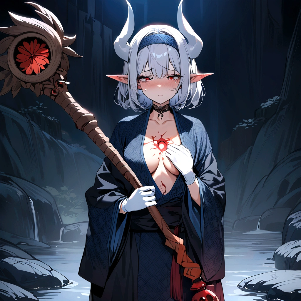 Masterpiece, 4k, high quality, 1 girl,white short hair, white horns,sad depressed expression,blue patterned monk robe, white gloves, magic staff,elf ears, right eye orange left eye blue,tears of blood from her eyes, in the night, in front of a great owl, Chinese neck tattoos, hole in chest dripping blood, tore garment, black blue patterned head band