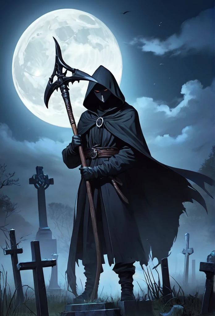 A man in a black hood holding a giant scythe、Slightly looking down、
BRAEK Standing in the graveyard at night、Moonlit Night、It&#39;s foggy, the eyes are shadowed and dark.、BRAEK Night with the tip of the sickle shining、