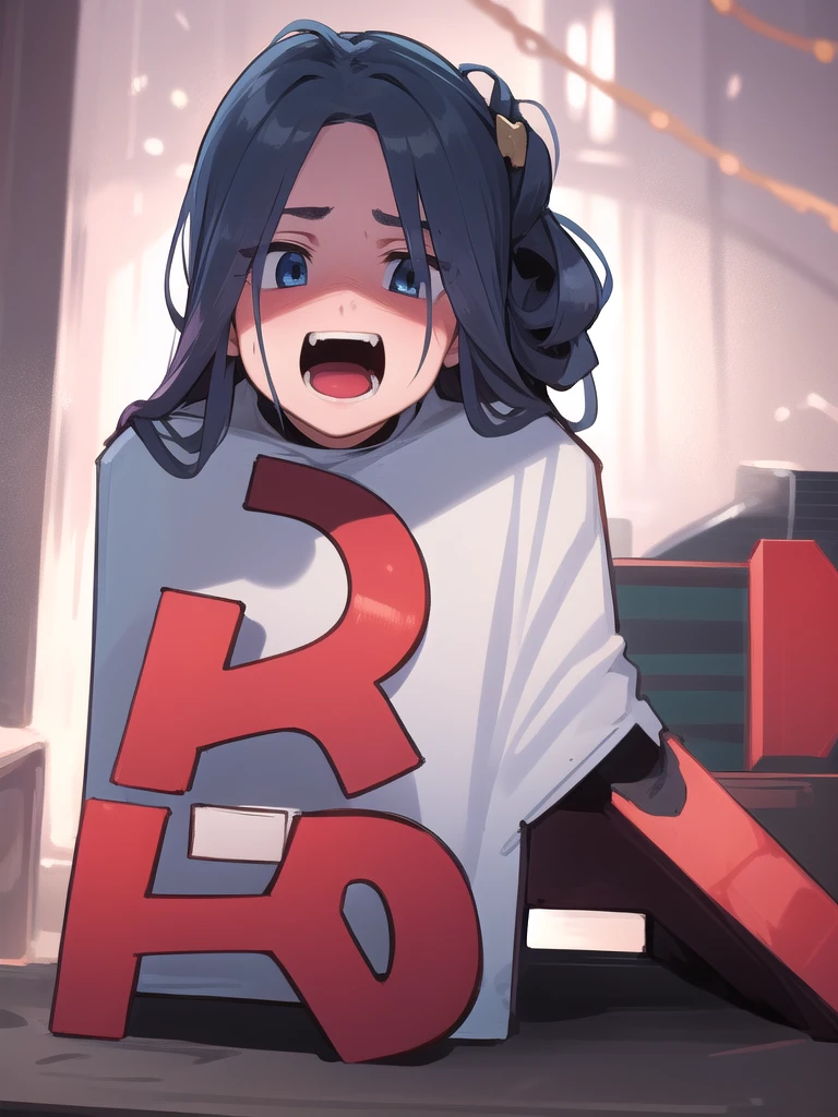 masterpiece, best quality, 1 girl, darkblue hair, long hair, team rocket,team rocket uniform, twitch, slapstick comedy, laugh eyes, laugh open mouth, big bump on head, sexy, virjin, stupid, villain,