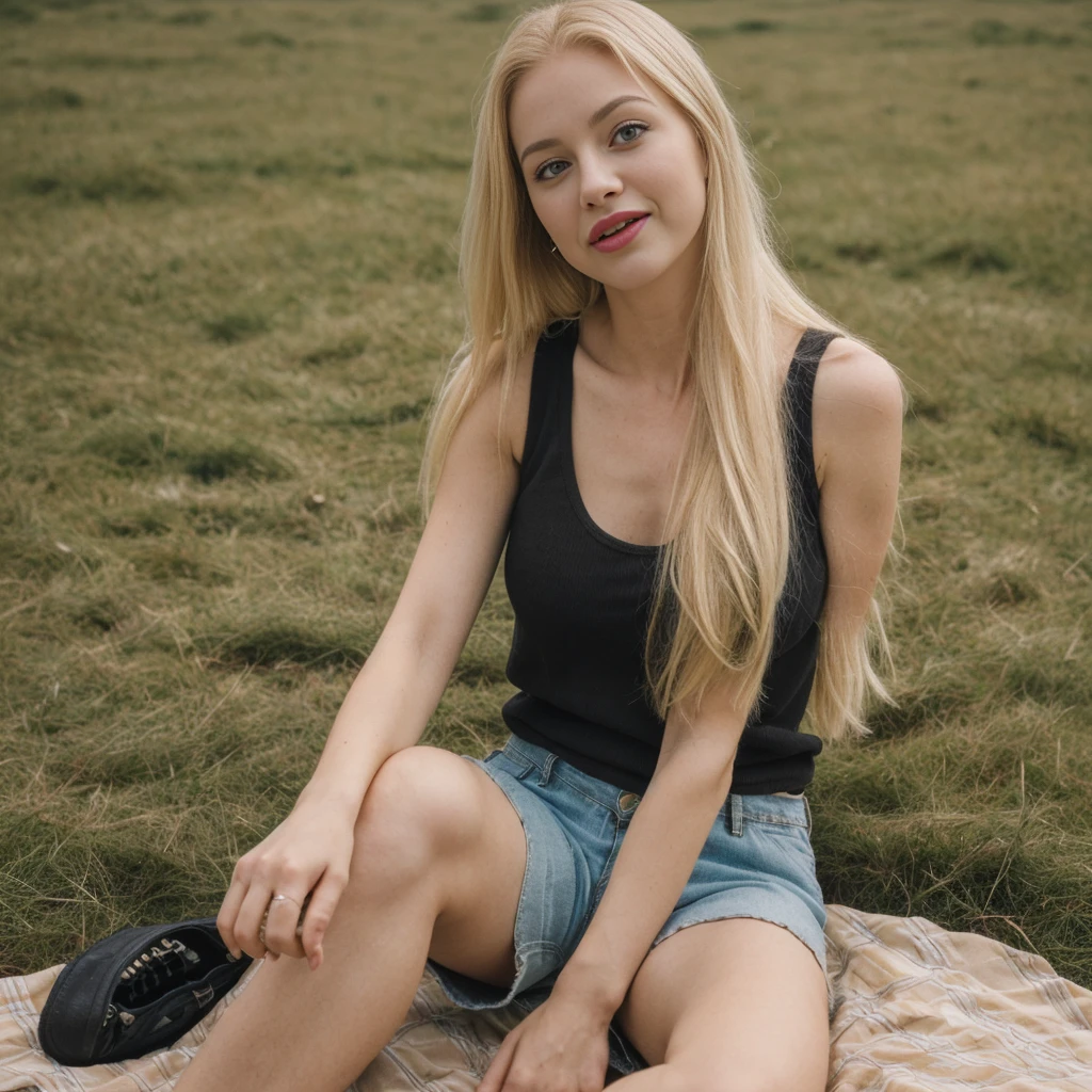 1girl, photorealistic, (((ugly face:1.5))), (((photorealistic))), (((raw photo in sequence))), (((natural lights))), (((detailed no blur background))), (((26 to 35 years old))), (((upper body and upper legs, happy))), (((detailed face))), photo_(medium), realistic, (((Caucasian woman))), (((long white blonde hair))), (((Caucasian nose))), (((Caucasian green eyes))), (((Caucasian face))), (((Caucasian lips))), (((sexy body))), (((wearing rugged black tank tops and shorts))), different pose, posing, (((different pose))), (((grassland))), hair is dragging by wind, candid shot, (((picnic setting))), wide shot