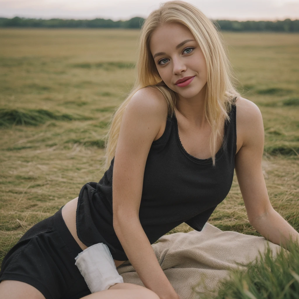 1girl, photorealistic, (((ugly face:1.5))), (((photorealistic))), (((raw photo in sequence))), (((natural lights))), (((detailed no blur background))), (((26 to 35 years old))), (((upper body and upper legs, happy))), (((detailed face))), photo_(medium), realistic, (((Caucasian woman))), (((long white blonde hair))), (((Caucasian nose))), (((Caucasian green eyes))), (((Caucasian face))), (((Caucasian lips))), (((sexy body))), (((wearing rugged black tank tops and shorts))), different pose, posing, (((different pose))), (((grassland))), hair is dragging by wind, candid shot, (((picnic setting))), wide shot