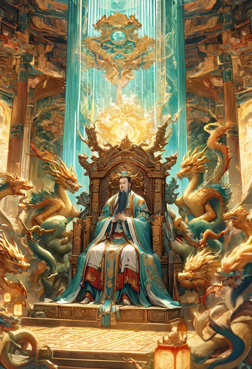 Jade Emperor seated on a magnificent golden throne in the heavenly realm. he looks down with kind, knowing eyes. A humble young farmer in simple clothing stands respectfully before him . Surround them with floating lanterns, mythical creatures like dragons and phoenixes, and vibrant celestial flora under a soft, golden light, symbolizing the sacred nature of the encounter.