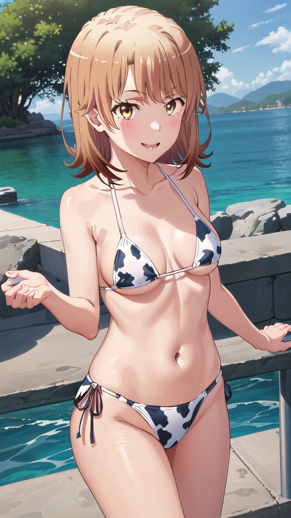 (masterpiece, 4K, Highest quality, anime style: 1.9, Detailed face, Lovely, Ocean,bold, High resolution, anime, Lake 4. alone, Curvaceous, smile, Please open your mouth wide, Very slim belly, Cowboy Shot, Cow print bikini, Naked in a swimsuit,, {Isshiki_One, B, c_yahariorenoseishunlovecomewamachigatteiru:1.15}, brown_hair, short_hair, brown_eye, One Girl, 前hair