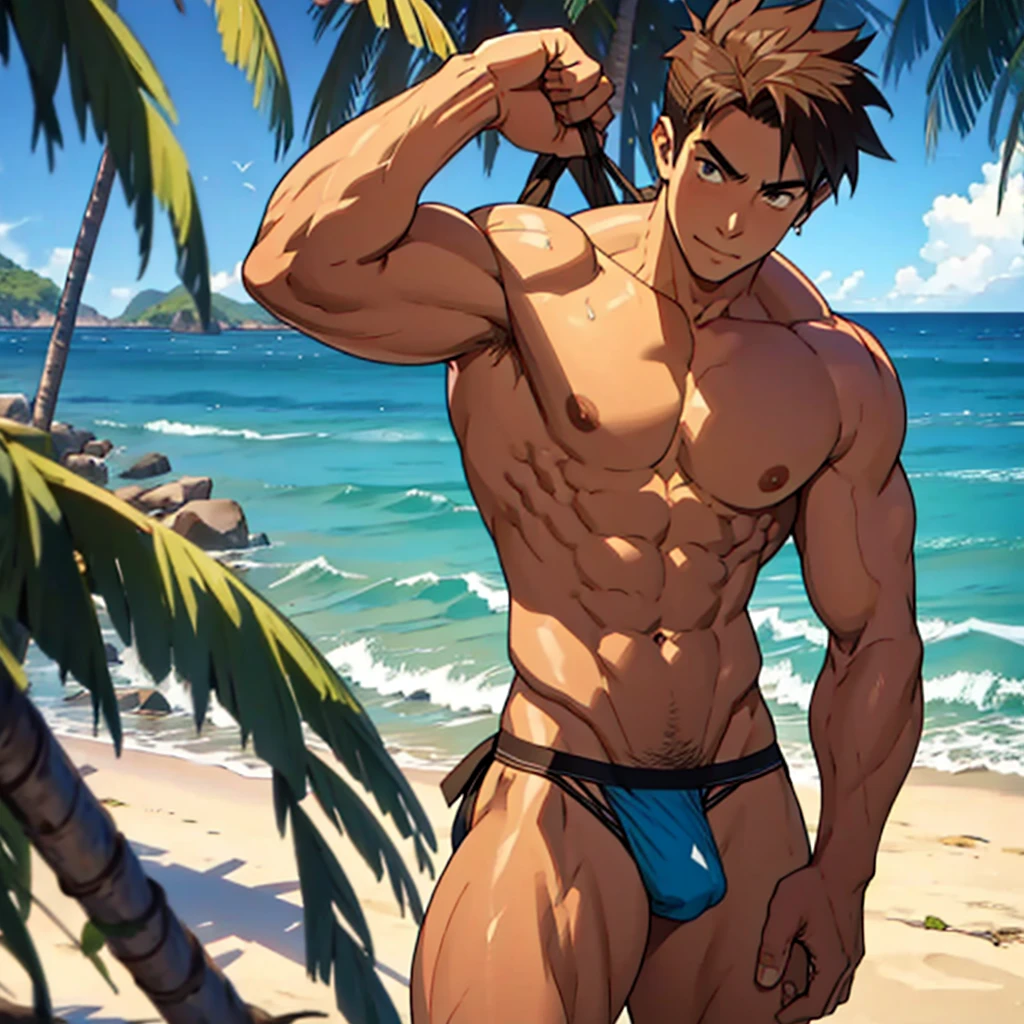 men, muscular young man in string thong, large lump, big chest, on the beach