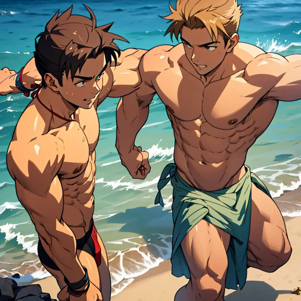 men, muscular young man in string thong, large lump, big chest, on the beach