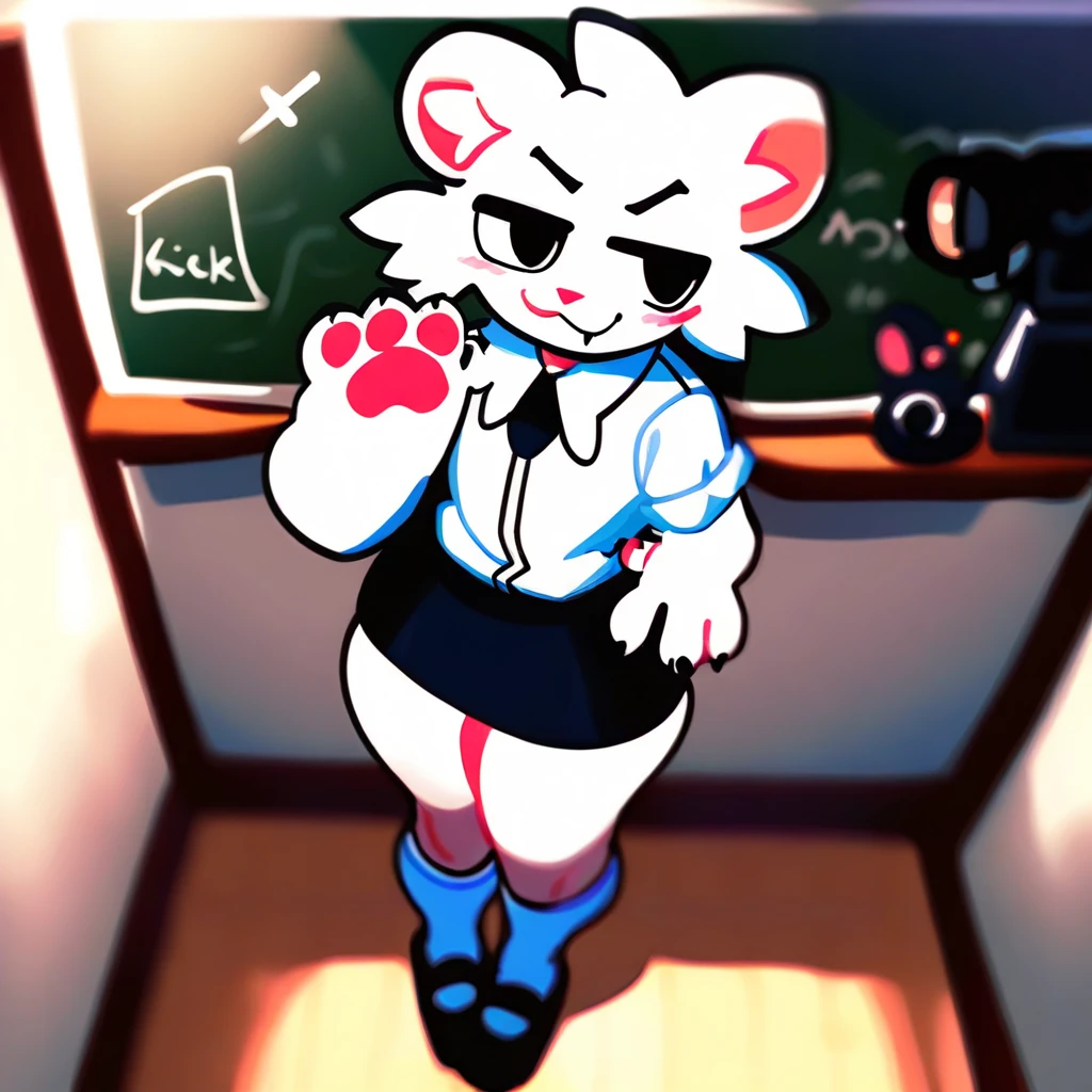 score_9,score_8_above,score_7_above,score_6_above,score_5_above,score_4_above, only hairy den, chicokisserfur, male, White skin, white ears, presumed, , black skirt, black school shoes, waving to camera, classroom, femboy, effeminate, White cat, thin hip, big thighs, smug face, confident face, soft legs, long white socks, background blackboard, no errors, 5 fingers, PAWPADS,