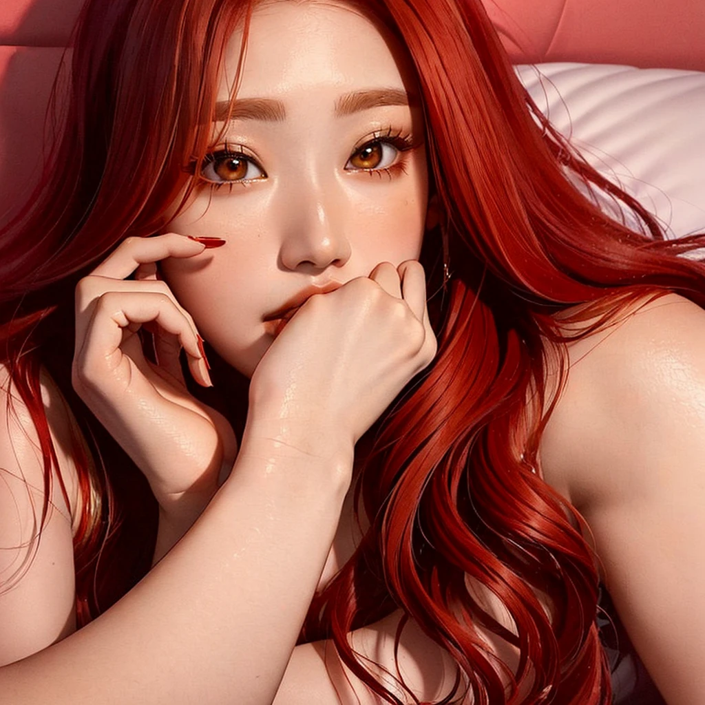 (masterpiece, Best Quality, 1 girl, Alone, intricate details, chromatic aberration), realist, ((medium breath)),by the wide, Red hair, red decoration on the head, pink highlights, amber eyes, earrings, sharp eyes, collar, neon shirt, ripped shorts, blossomed jacket, turtleneck, evening, lying on the bed in doggy position, look at the viewer