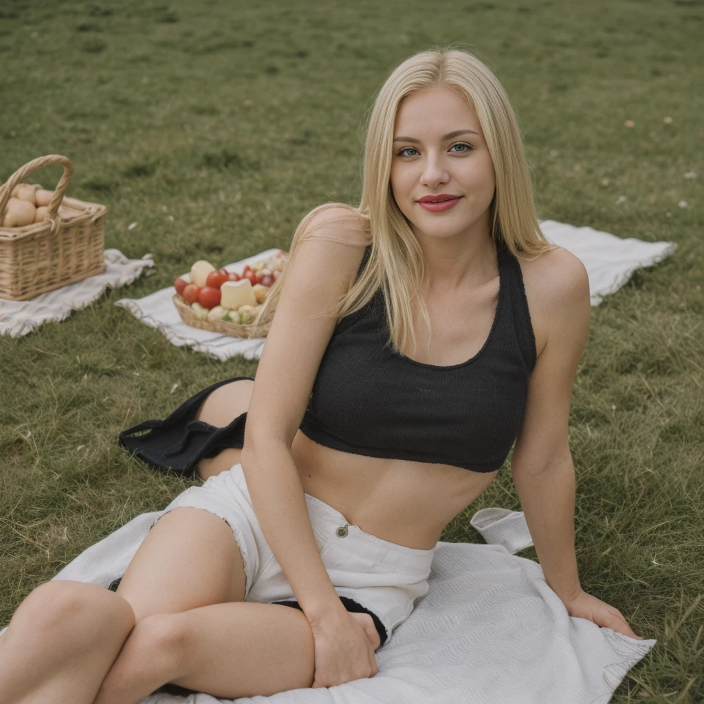 1girl, photorealistic, (((ugly face:1.5))), (((photorealistic))), (((raw photo in sequence))), (((natural lights))), (((detailed no blur background))), (((26 to 35 years old))), (((upper body and upper legs, happy))), (((detailed face))), photo_(medium), realistic, (((Caucasian woman))), (((long white blonde hair))), (((Caucasian nose))), (((Caucasian green eyes))), (((Caucasian face))), (((Caucasian lips))), (((sexy body))), (((wearing rugged black tank tops and shorts))), different pose, posing, (((different pose))), (((grassland))), hair is dragging by wind, candid shot, (((picnic setting))), wide shot