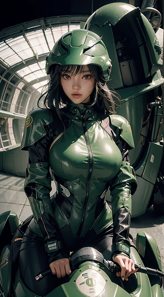 Highest image quality, outstanding details, ultra-high resolution, (realism: 1.4), the best illustration, favor details, highly condensed 1girl, with a delicate and beautiful face, dressed in a black and green mecha, wearing a mecha helmet, holding a directional controller, riding on a motorcycle, the background is a high-tech lighting scene of the future city.