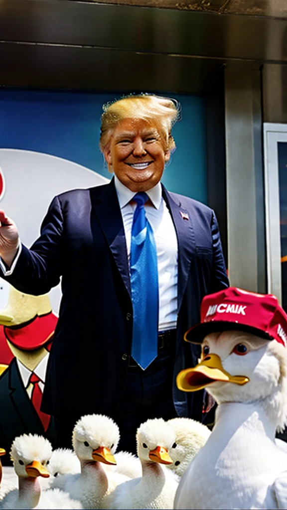 Donald trump dressed as Colonel sanders trying to catch a duck in a McDonalds restaurant photo realistic 