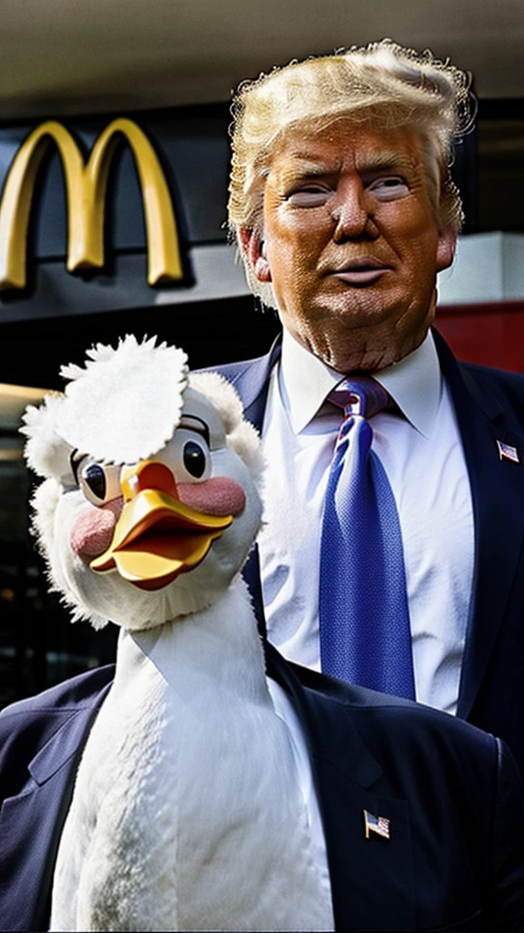 Donald trump dressed as Colonel sanders trying to catch a duck in a McDonalds restaurant photo realistic 