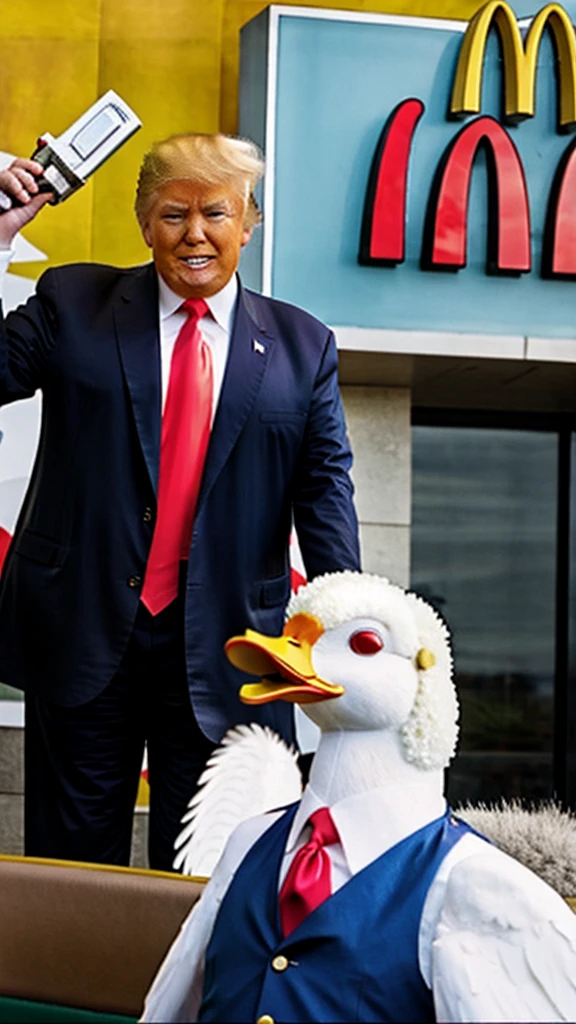 Donald trump dressed as Colonel sanders trying to catch a duck in a McDonalds restaurant photo realistic