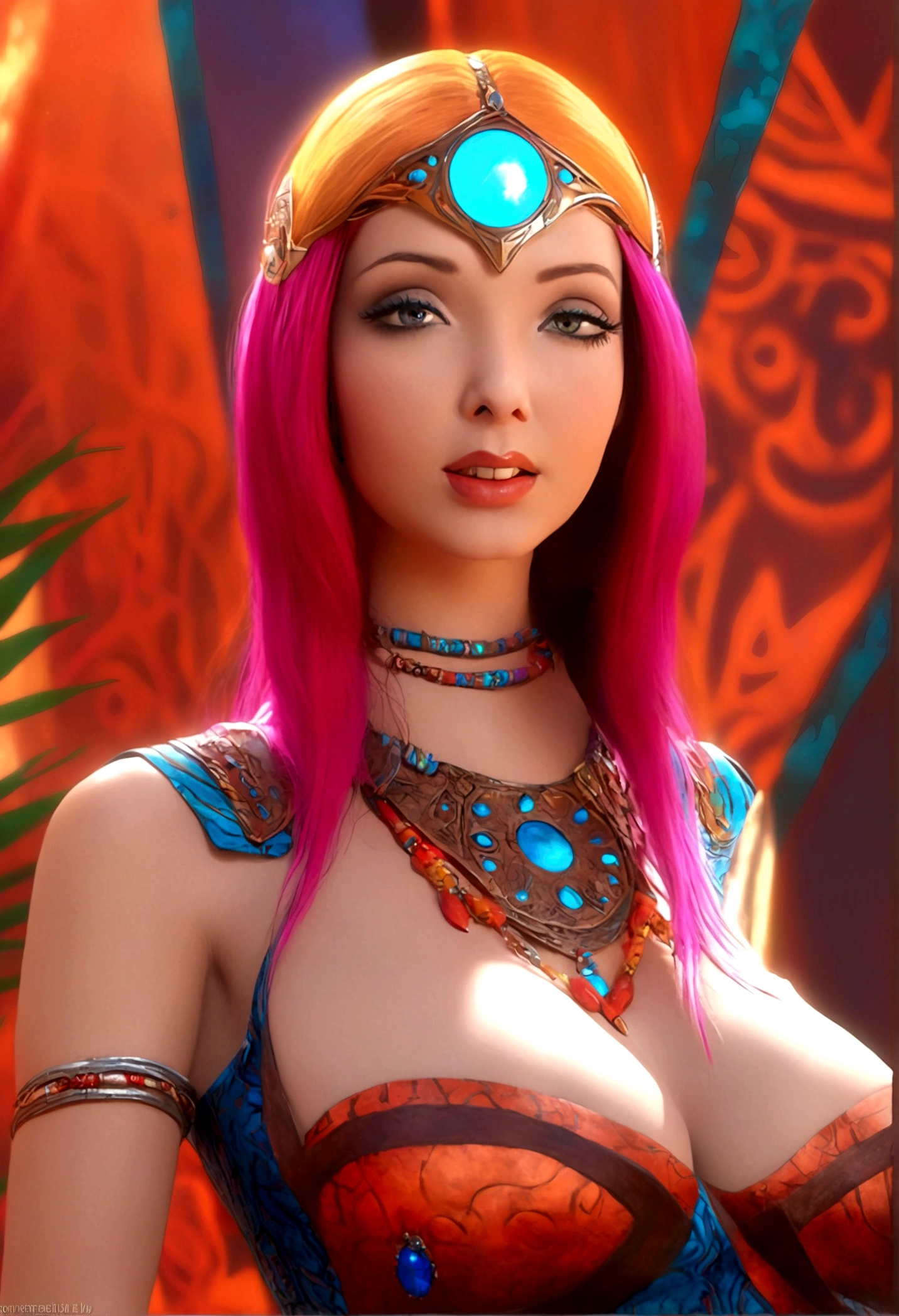 a beautiful woman alien villager, long bright color hair,  tribal outfit, intrigued by Flash Gordon, , detailed face, detailed eyes, detailed lips, 1girl, concept art, intricate details, cinematic lighting, dramatic colors, vibrant, colorful, fantasy, science fiction, hyperrealistic, photorealistic, 8k, best quality, masterpiece
