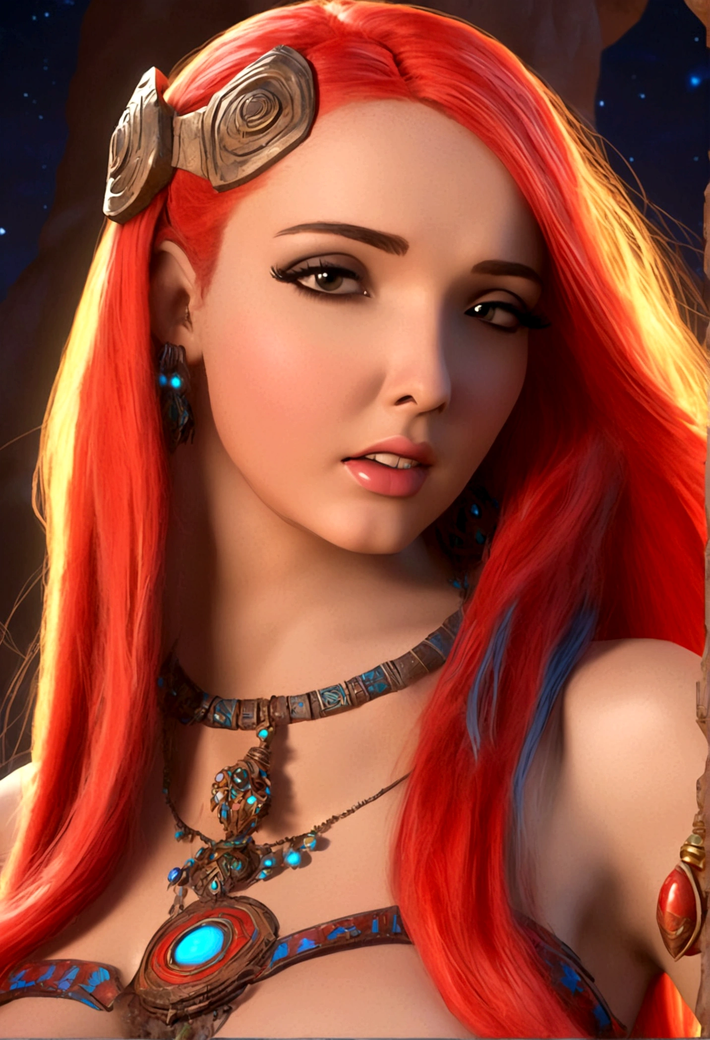 a beautiful woman alien villager, long bright color hair, sexy tribal outfit, intrigued by Flash Gordon, flirting, detailed face, detailed eyes, detailed lips, 1girl, concept art, intricate details, cinematic lighting, dramatic colors, vibrant, colorful, fantasy, science fiction, hyperrealistic, photorealistic, 8k, best quality, masterpiece
