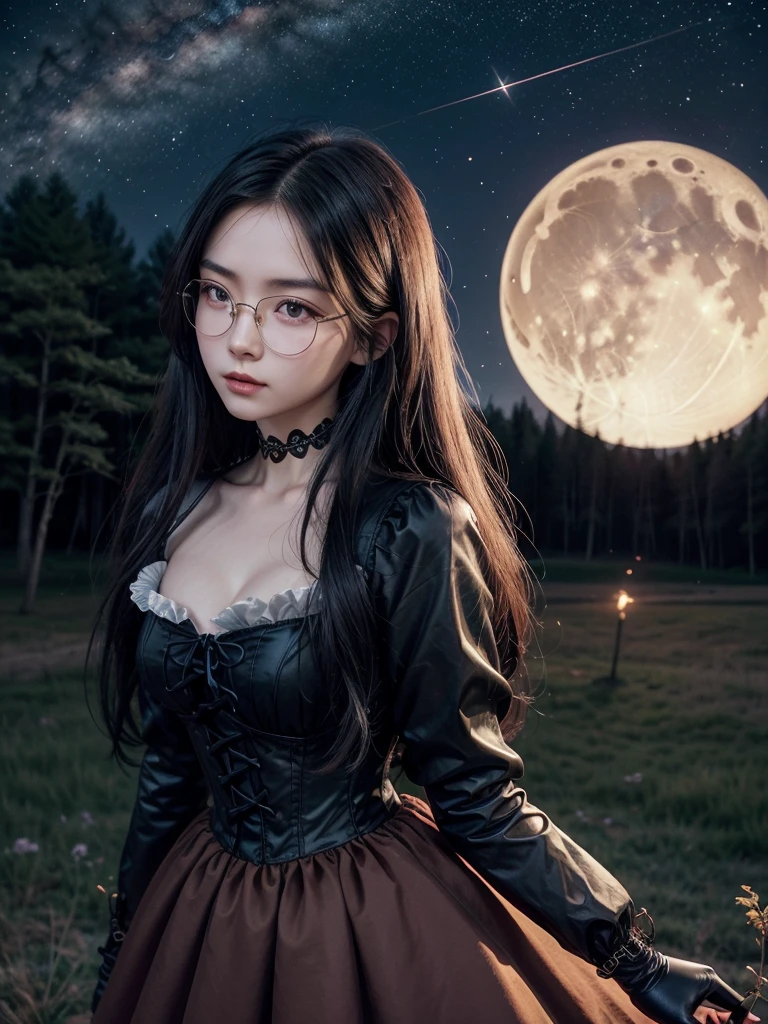 Earth medieval,a beautiful attractive slender Chinese woman, long wavy black hair, black eyes,busts large, vintage glasses, v-neck Victorian dress, maple colored bodice with black laces, red skirt, white gloves, blue butterflies flying in the night sky, frozen lake , bonfire, background of a night sky with a crescent moon and fireflies cherry trees forest