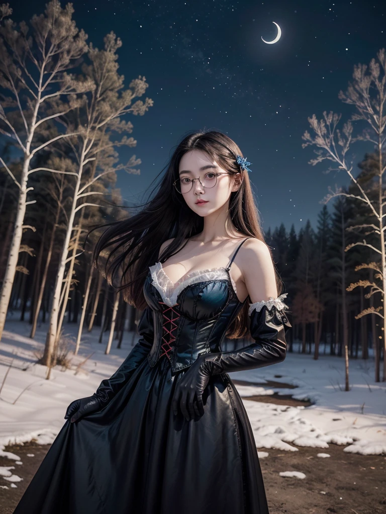 Earth medieval,a beautiful attractive slender Chinese woman, long wavy black hair, black eyes,busts large, vintage glasses, v-neck Victorian dress, maple colored bodice with black laces, red skirt, white gloves, blue butterflies flying in the night sky, frozen lake , bonfire, background of a night sky with a crescent moon and fireflies cherry trees forest