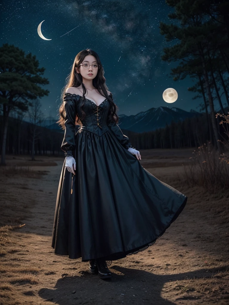 Earth medieval,a beautiful attractive slender Chinese woman, long wavy black hair, black eyes,busts large, vintage glasses, v-neck Victorian dress, maple colored bodice with black laces, red skirt, white gloves, blue butterflies flying in the night sky, frozen lake , bonfire, background of a night sky with a crescent moon and fireflies cherry trees forest