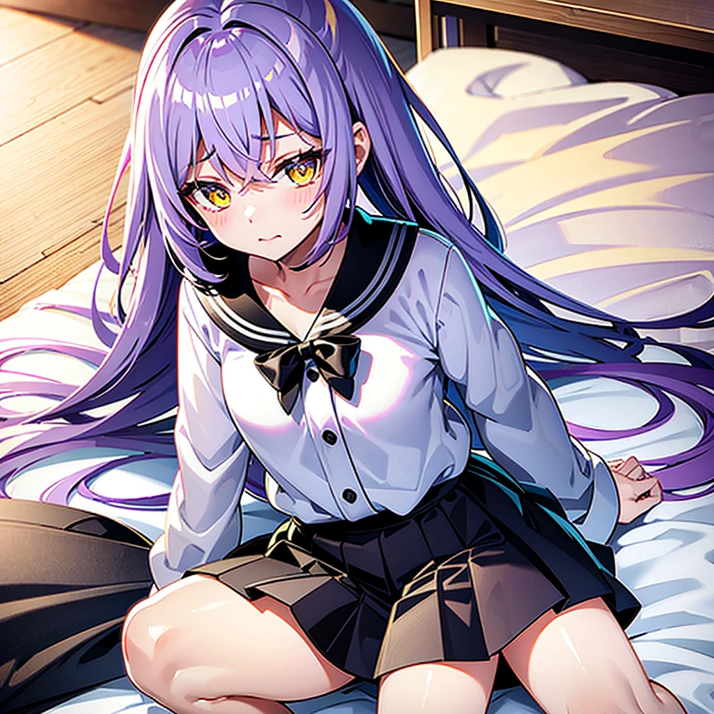 Light purple hair、Yellow Eyes、middle School girls、Shyness、On the bed、Black Skirt、I&#39;m not wearing pants、((Pink female genitalia))、blush、cute、Beautiful legs、Spread your legs、some perfect pussy