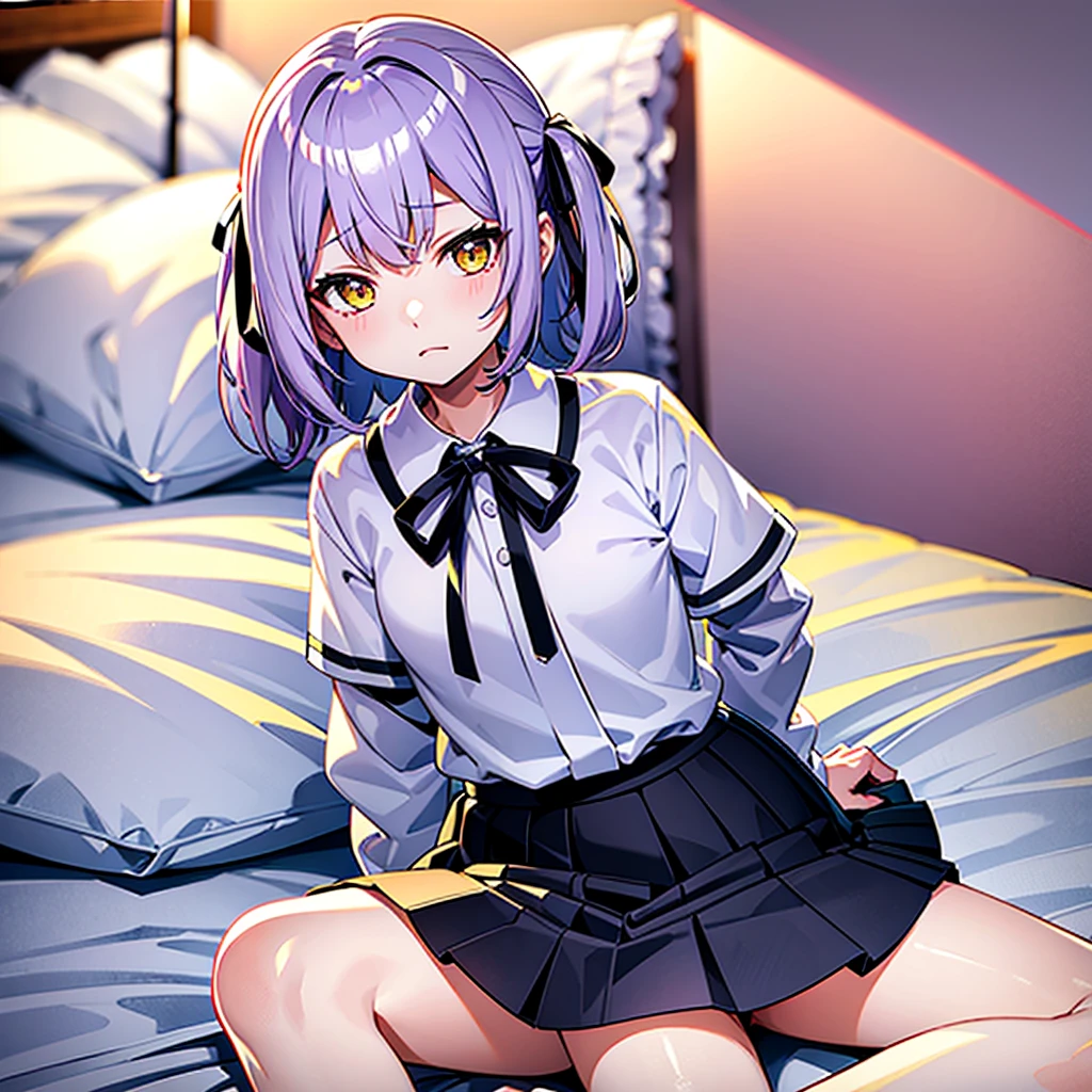 Light purple hair、Yellow Eyes、 girls、Shyness、On the bed、Black Skirt、I&#39;m not wearing pants、((Pink female genitalia))、blush、cute、Beautiful legs、Spread your legs、some perfect pussy