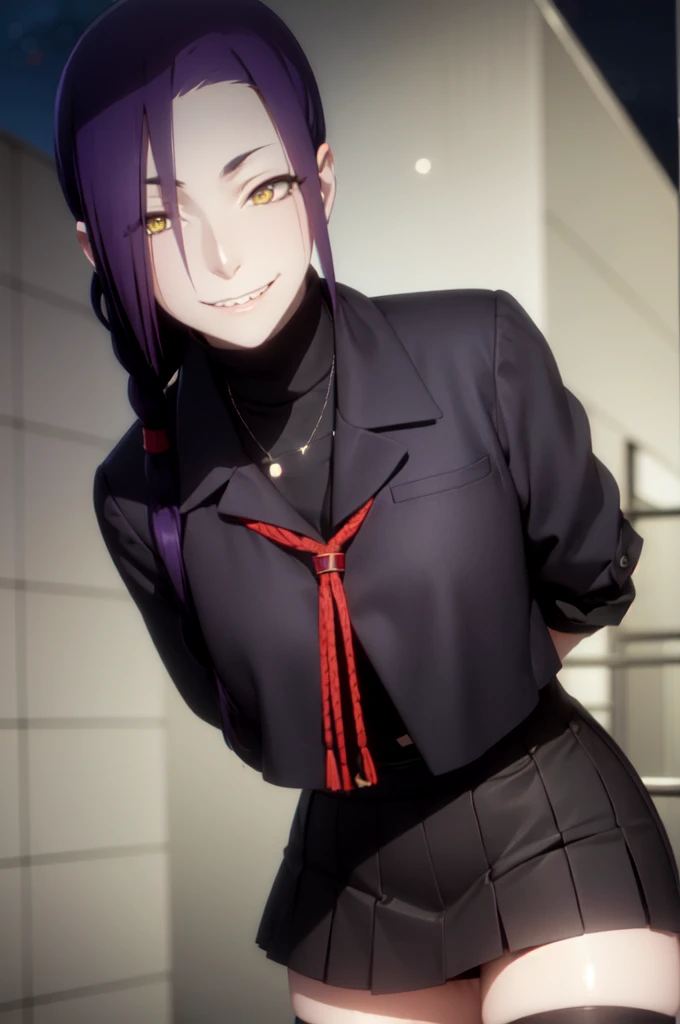 maganechikujouin, magane chikujouin, long hair, purple hair, braid, single braid, (hair over one eye:1.5), (yellow eyes:1.3), sharp teeth, smile, grin,
BREAK skirt, thighhighs, gloves, jewelry, , earrings, serafuku, black gloves, black thighhighs, necklace, zettai ryouiki,
BREAK outdoor, city, night, sky, buildings, moon, clouds,
BREAK looking at viewer, (cowboy shot:1.5),
BREAK (masterpiece:1.2), best quality, high resolution, unity 8k wallpaper, (illustration:0.8), (beautiful detailed eyes:1.6), extremely detailed face, perfect lighting, extremely detailed CG, (perfect hands, perfect anatomy),