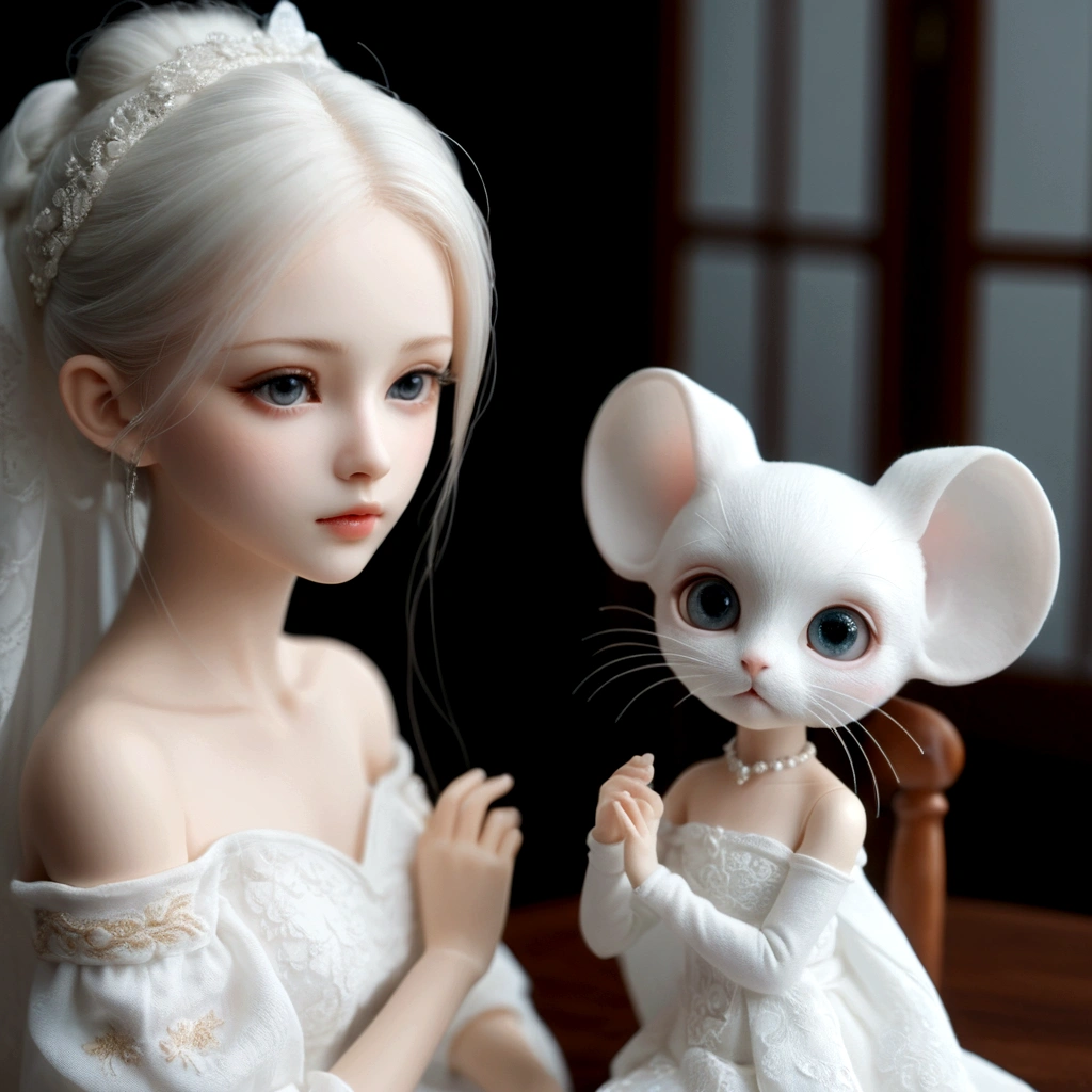 from front, portrait, from above, High resolution, high definition, ultra detailed, 4k, 8k, super masterpiece, BJD and a small white mouse are staring at each other, BJD is modeled after a beautiful 18-year-old woman, life size, Joints in the body are mechanical, BJD are battery powered, BJD are beautiful like sculptures, Hard white porcelain skin that shines white, BJD is sitting on a chair and looking at a white mouse, no makeup, white chignon hair, large glass eyes, Sleeveless white off-shoulder dress with elegant drape and beautiful embroidery, bisque doll, The white mouse is so small that she can wrap it in her hands, The small white mouse stands on two legs on the table, Beautiful fur of a realistic small white mouse, dreamy, aesthetic, gothic style, fantasy,