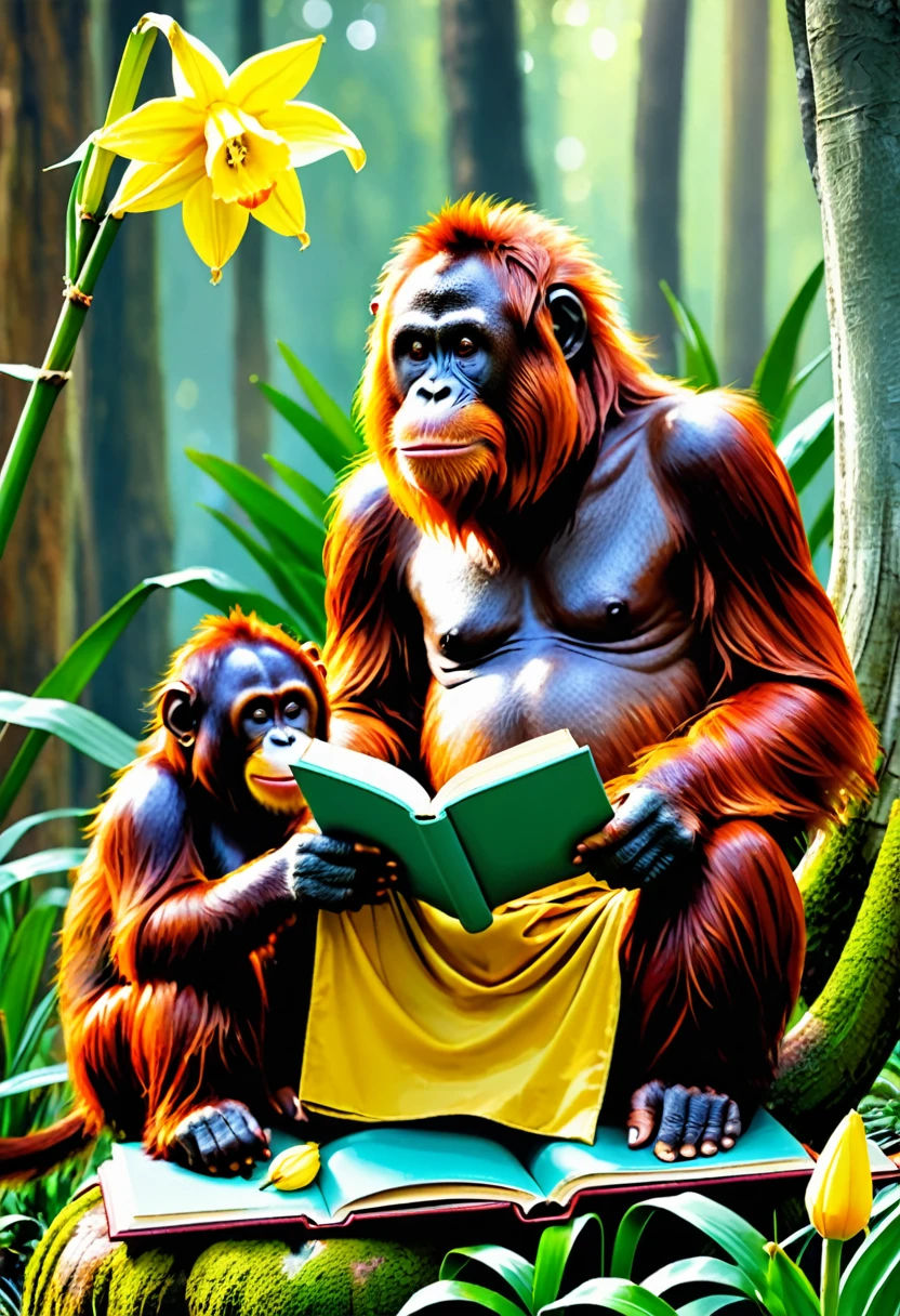 World-class masterpiece paintings, warm, fantasy, cartoon, cute, banana, modern style, watercolor style, dyeing, 8K, ultra-fine, ultra-realistic, masterpiece, the best quality, fine face, fine facial features,
Deep in the mountains, an old and kind wise orangutan with half-white fur is sitting in front of a big tree with four young orangutans surrounding a daffodil that emits a mysterious smell. The wise old orangutan is holding a book in his hand. , the young orangutans were talking and discussing with their elders, and holding books