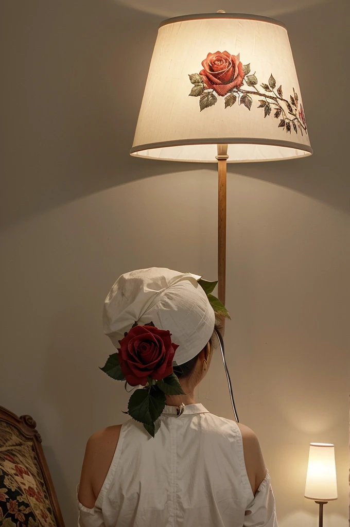 The design of the back of the lampshade and the bases in the shape of a rose branch and the top of the lampshade is a rose flower