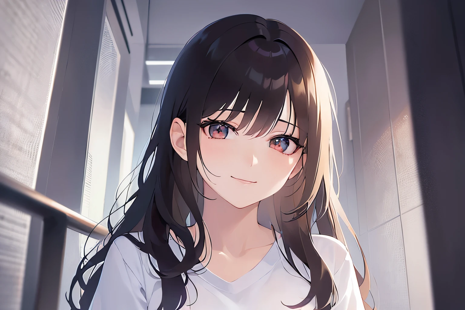 Shooting from below、looking down, Realistic, real person, (pale skin: 1.2), upper body, RAW photo, photorealistic, shiny skin, shiny hair、(A 25-year-old woman with medium-length hair and bangs) and (wavy hair) and (brown hair) and (Orange Eyes) , (White T-shirt) 、(sad smile:1.5), The background is a hospital room.、Alone、Are standing、