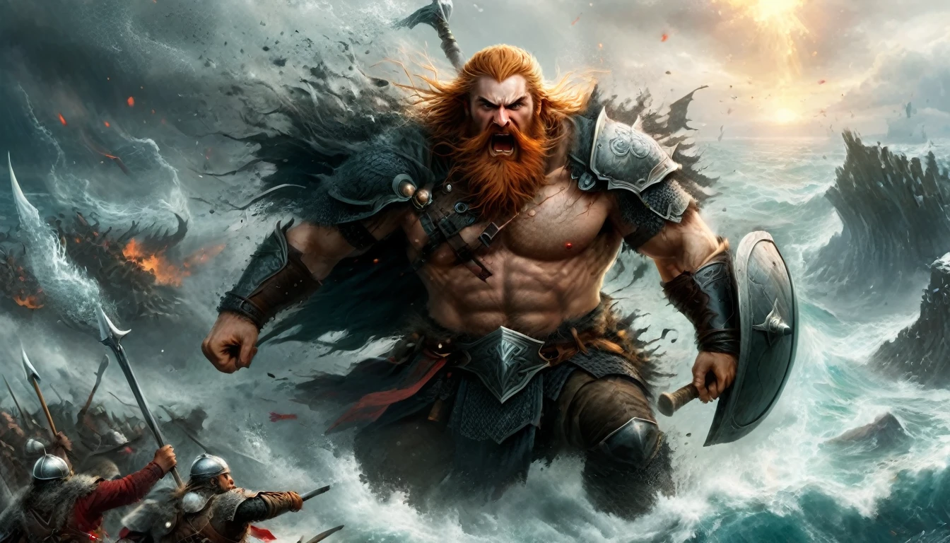 (Intricate details, masterpiece, best quality:1.4) , J. R. R. Tolkien and LoRd of the Ring style aRt, Energetic, fantasy, detailed, epic, heroic, 《A Song of Ice and Fire》, Dynamic posture A field,Three men attacking a giant,Angry viking warrior with round shield and axe, He roared and rushed into the battlefield. Her face was covered in blood.. In the background you can see the sea and some Viking dragon ships.