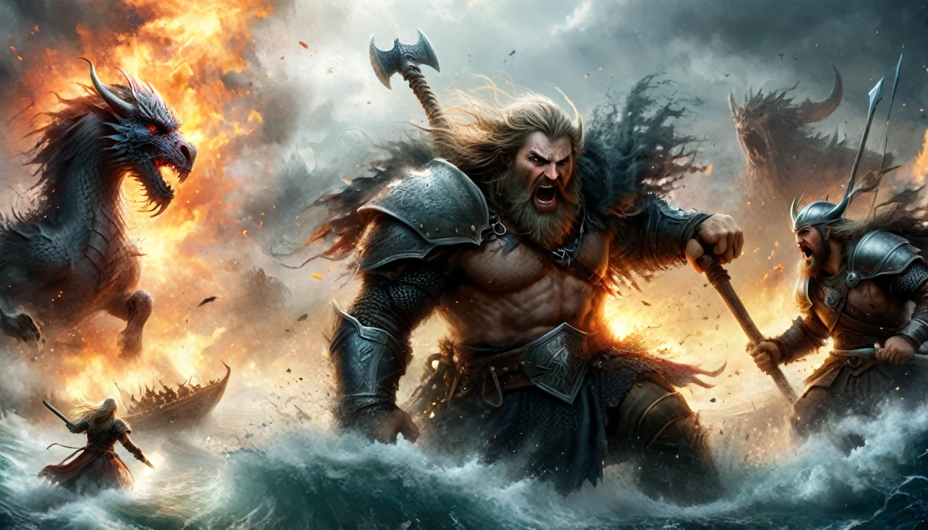 (Intricate details, masterpiece, best quality:1.4) , J. R. R. Tolkien and LoRd of the Ring style aRt, Energetic, fantasy, detailed, epic, heroic, 《A Song of Ice and Fire》, Dynamic posture A field,Three men attacking a giant,Angry viking warrior with round shield and axe, He roared and rushed into the battlefield. Her face was covered in blood.. In the background you can see the sea and some Viking dragon ships.