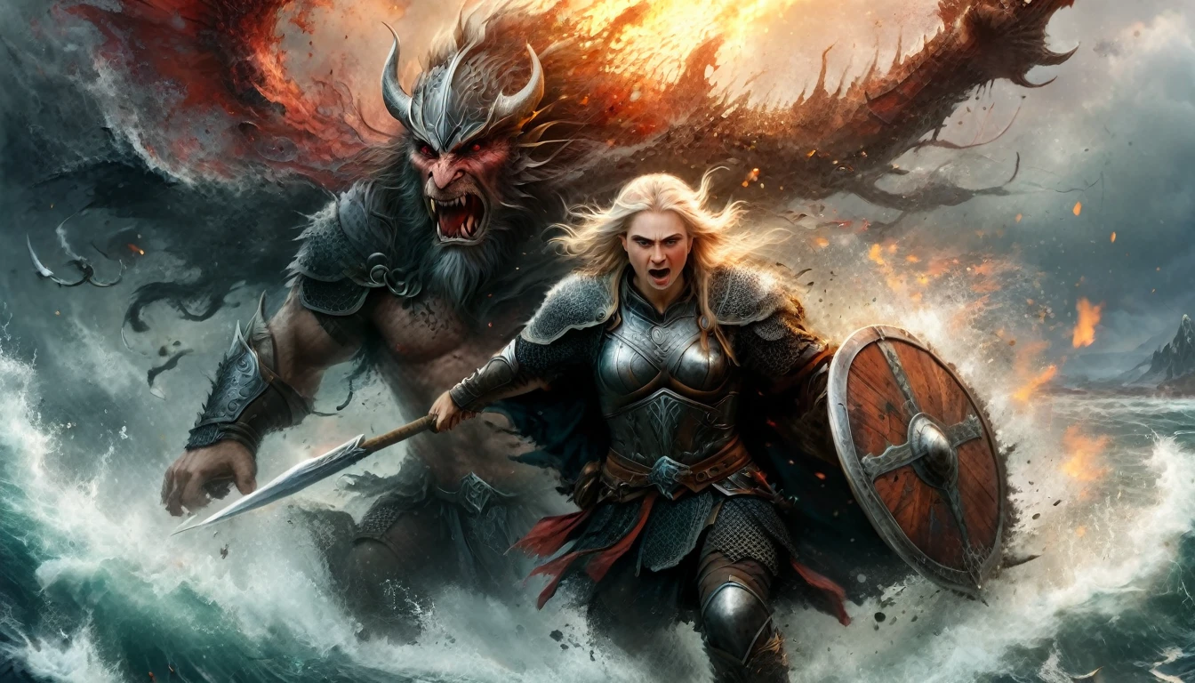 (Intricate details, masterpiece, best quality:1.4) , J. R. R. Tolkien and LoRd of the Ring style aRt, Energetic, fantasy, detailed, epic, heroic, 《A Song of Ice and Fire》, Dynamic posture A field,Three men attacking a giant,Angry viking warrior with round shield and axe, He roared and rushed into the battlefield. Her face was covered in blood.. In the background you can see the sea and some Viking dragon ships.