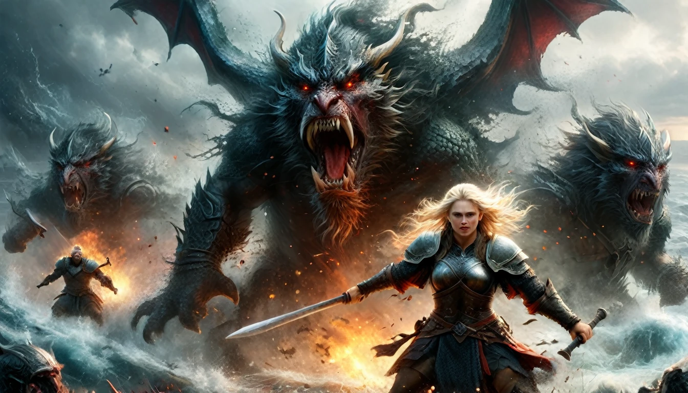 (Intricate details, masterpiece, best quality:1.4) , J. R. R. Tolkien and LoRd of the Ring style aRt, Energetic, fantasy, detailed, epic, heroic, 《A Song of Ice and Fire》, Dynamic posture A field,Three men attacking a giant，Angry viking warrior with round shield and axe, He roared and rushed into the battlefield. Her face was covered in blood.. In the background you can see the sea and some Viking dragon ships.
