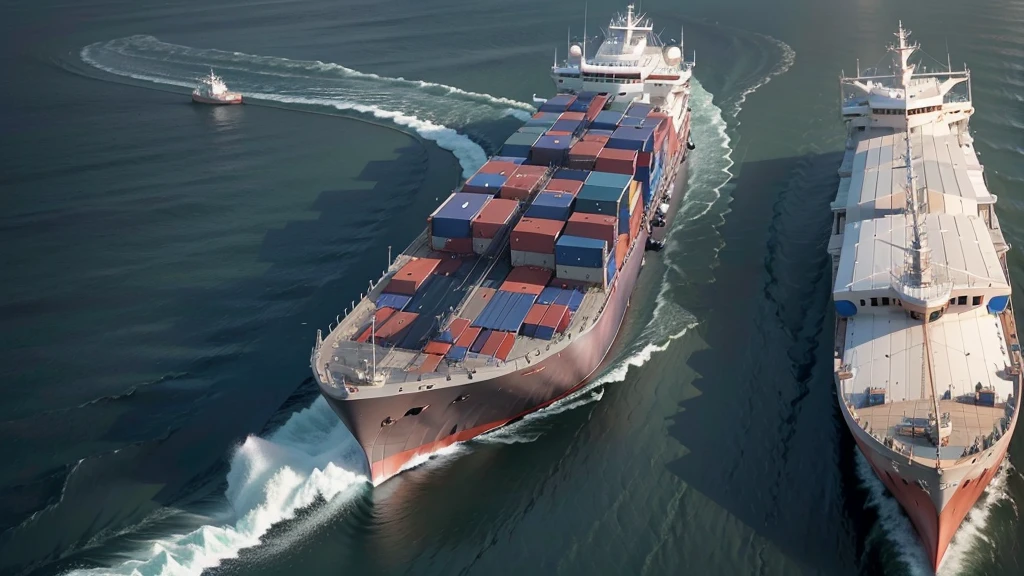 Please generate an illustration of a cargo ship at sea. The background should show the cargo ship sailing with other vessels also in navigation. Include GNSS signal reception effects to highlight how GNSS technology helps optimize navigation, enhance resource efficiency, and monitor operator behavior to reduce accidents and ensure the health of the ships and equipment. The photo angle should be from the left side, right side, or an overhead view to convey a sense of grandeur. Do not use a front