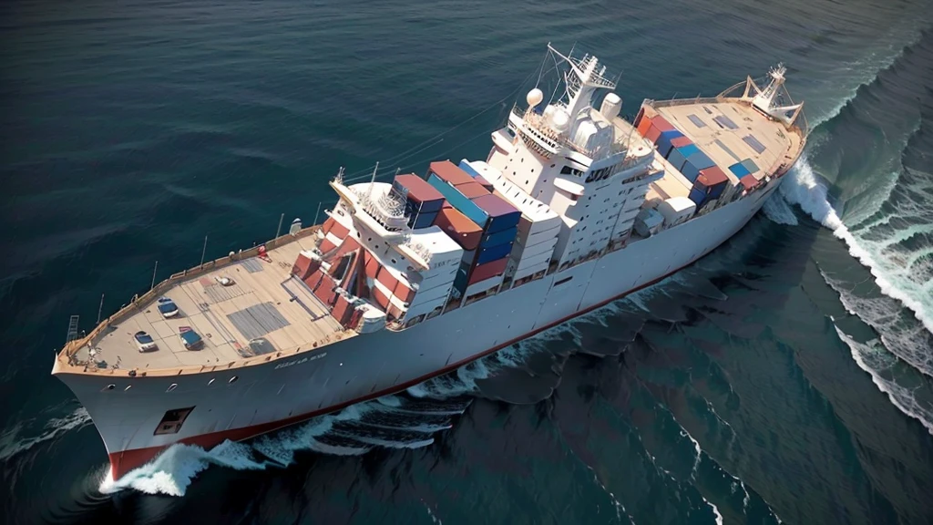 Please generate an illustration of a cargo ship at sea. The background should show the cargo ship sailing with other vessels also in navigation. Include GNSS signal reception effects to highlight how GNSS technology helps optimize navigation, enhance resource efficiency, and monitor operator behavior to reduce accidents and ensure the health of the ships and equipment. The photo angle should be from the left side, right side, or an overhead view to convey a sense of grandeur. Do not use a front 