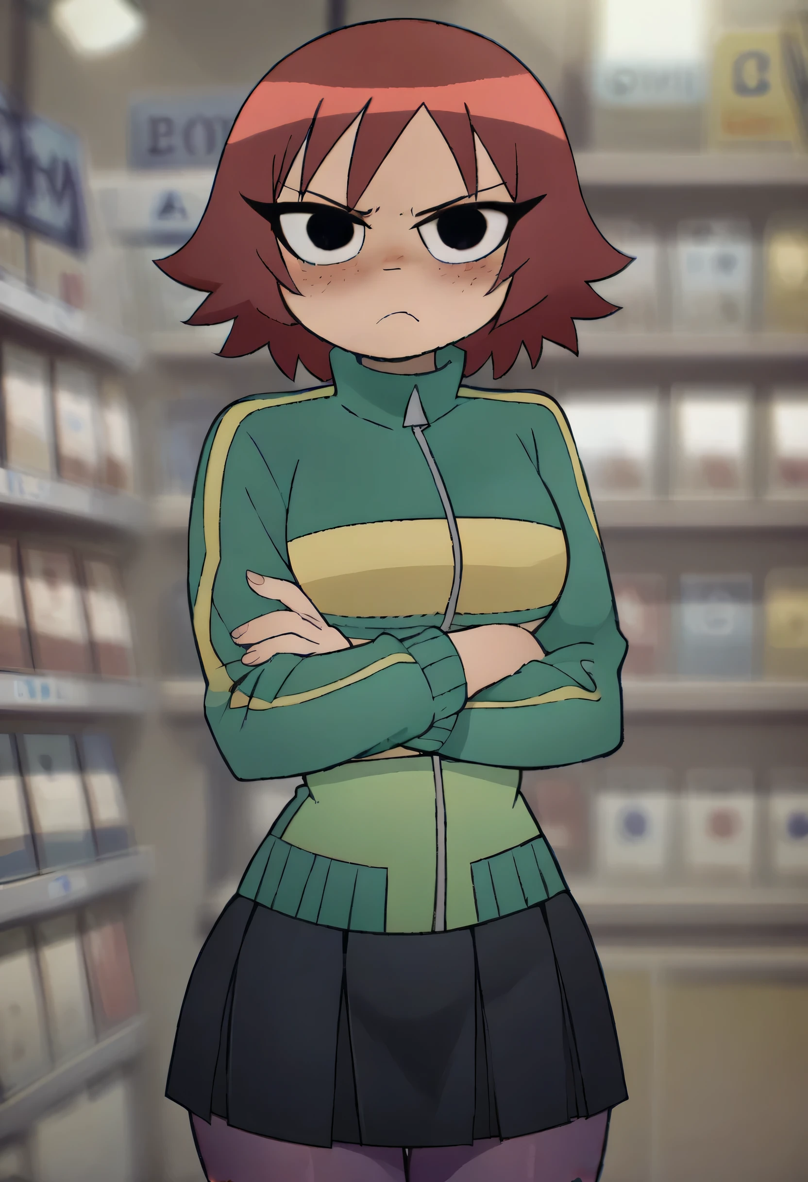 score_9, score_8_up, (dof, blurred background:1.4), indoors, video store, kim pine, looking at viewer, 1girl, solo, angry, blush, wide hips, narrow waist, freckles, red hair, black eyes, short hair, curvy:1.4, crossed arms, green track jacket, black pleated skirt, purple pantyhose