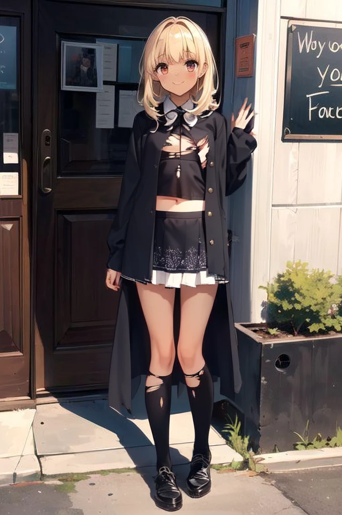 Tattered clothes,Torn服,(Torn)Tattered ,Yoreyore shirt,袖がTornシャツ,Damaged Mini Skirt,Tattered Skirt,Flat Chest,(belly button),belly button出し,stomach,arm