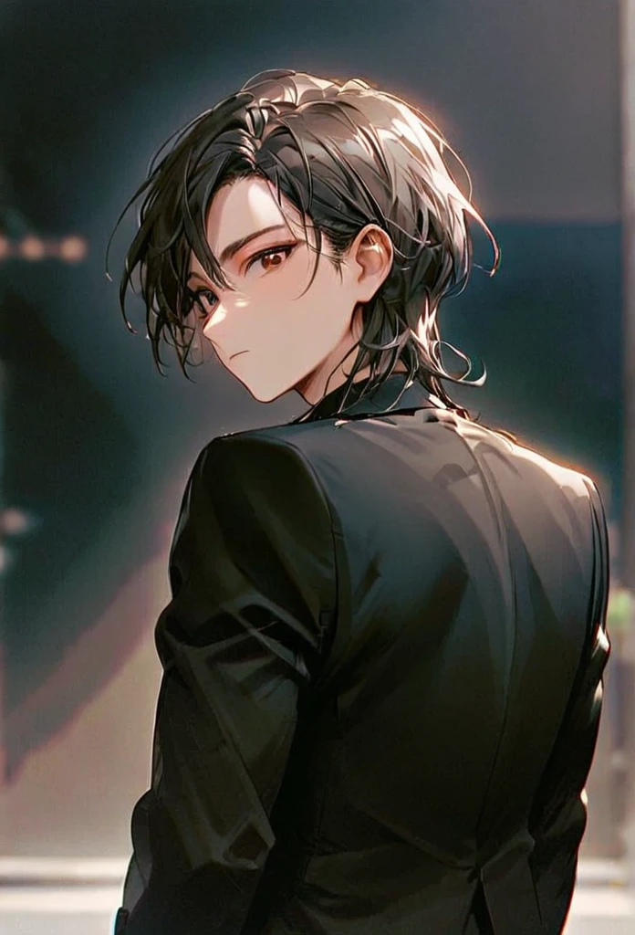 Half body portrait of a young man Smoky white Two Block  hair,  brown eyes, wears an all black suit. Stand and look back. Look back. Half-body image. Look back. ยืนท่ามกลางความวุ่นวาย