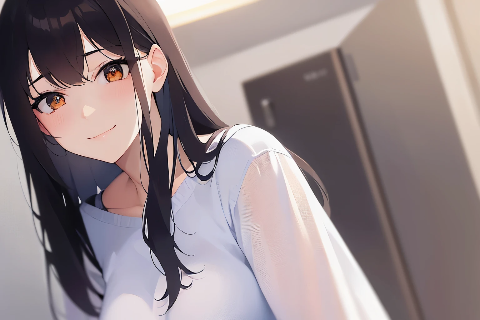 cinematic angle, Shooting from below、looking down, Realistic, real person, (pale skin: 1.2), upper body, RAW photo, photorealistic, shiny skin, shiny hair、(A 25-year-old woman with medium-length hair and bangs) and (wavy hair) and (brown hair) and (Orange Eyes) , (White T-shirt) 、(sad smile:1.5), The background is a hospital room.、Alone、Are standing、