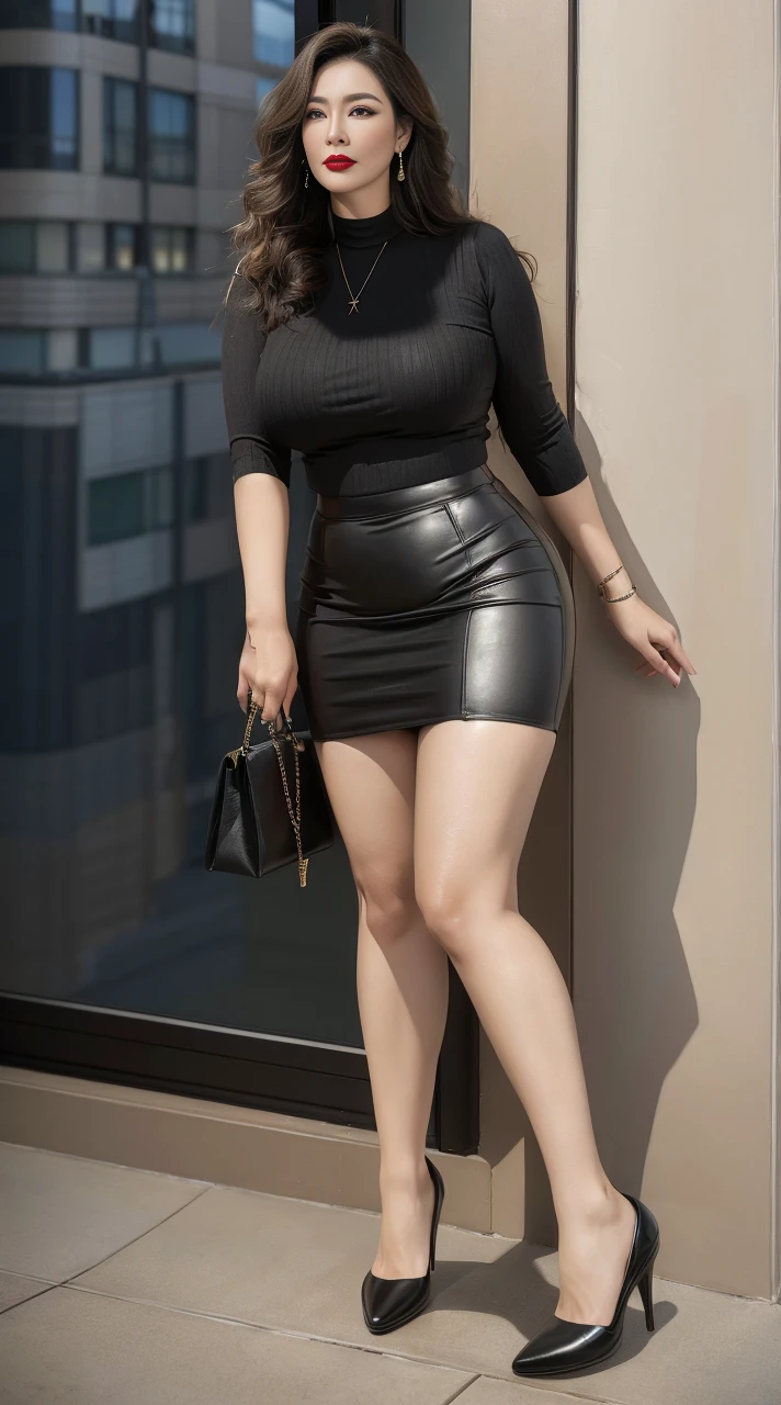 outdoor，Gray clothes (No cleavage),thigh, cosmetic, (lipstick: 1.1), (Eyeliner: 1.2), mascara, Eyeshadow,Outdoor sports, earrings, necklace, Black pantyhose, Wrinkles at the corners of the eyes, Oral wrinkles,High Neck Knit Bodycon Skirt，full-body shot，An Asian Japanese woman，65 years old，big eyes，elegant temperament elegant temperament，(masterpiece:1.2, best quality), Practical, (The true situation,45 years old， Intricate details, Depth of Field，High neck clothes), careful, The content is very detailed, This is a perfect face, Perfect body, Large Model, Mature woman, High，Black silk garter belt，8K,best quality, masterpiece, Ultra-high resolution,(lifelike:1.4), original photo, Stay focused, detailed, Dramatic, Exquisite beautiful woman, (tall and straight:1.1),(Fat goddess desetallic high collar dress,High collar fitted skirt),half butterfly earrings, double ring necklace, (:1.05), (65 years old, : 1.4),Long curly hair, Dynamic angle, (red lips)Beautiful graphics, Black reflective leather pants and fishnet stockings，High heel