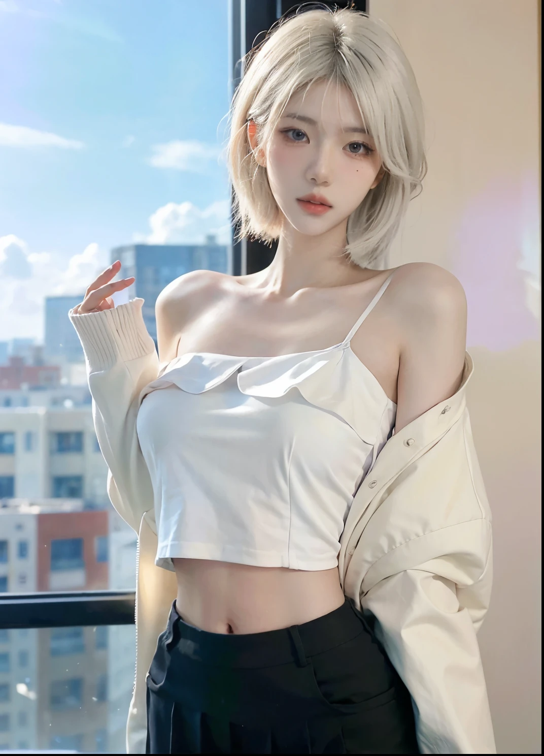 Beautiful woman with perfect figure:1.4，Ultra-high resolution，White background，（Realism:1.4)，Layered hairstyle，White skin，JK:1.5，Super short pleated skirt，whole body：1.4，Very delicate and skin texture，Double eyelids，Skin Whitening，Long hair，White hair
