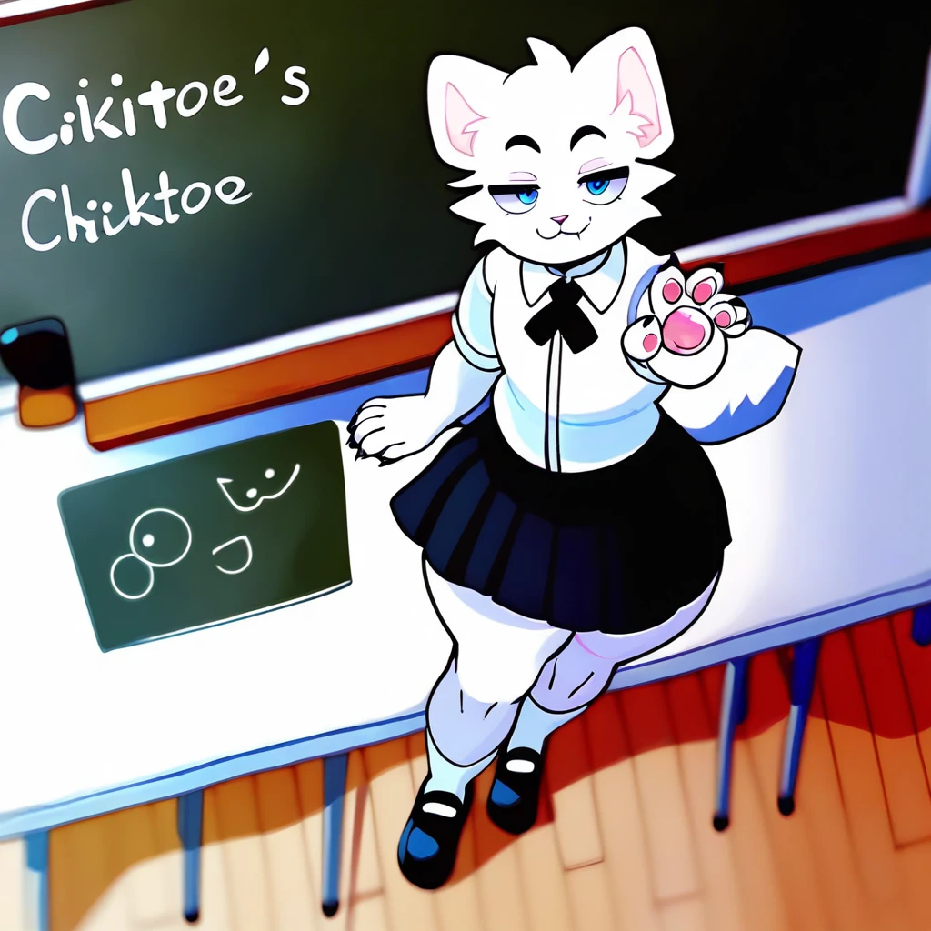 score_9,score_8_above,score_7_above,score_6_above,score_5_above,score_4_above, only hairy den, chicokisserfur, male, White skin, white ears, presumed, , black skirt, black school shoes, waving to camera, classroom, femboy, effeminate, White cat, thin hip, big thighs, smug face, confident face, soft legs, long white socks, background blackboard, no errors, 5 fingers, PAWPADS, blue eyes,