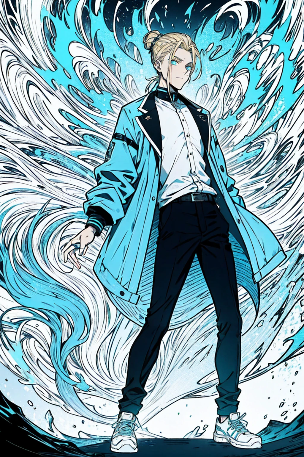 Tall, tannish, handsome male, blonde hair put in manbun, deep cyan eyes, fit and lean, wears Black and blue jacket, black pants and high tops, and covered in blue flames.